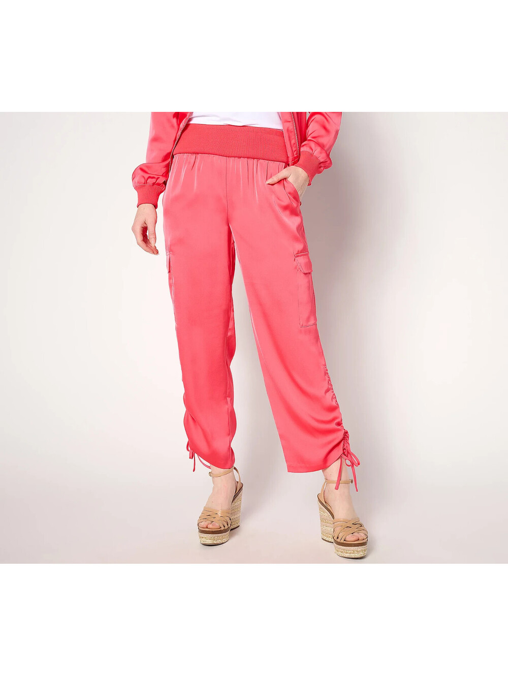 Nicole by Nicole Miller Regular Satin Ruched Pants Paradise Pink, Size Large